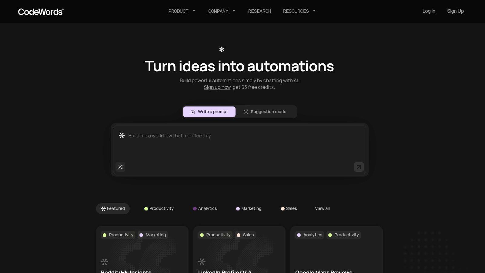 A diagram showing how the CodeWords AI assistant, Cody, takes a simple chat prompt and turns it into a multi-step automated workflow connecting different applications like Slack, Gmail, and Notion.