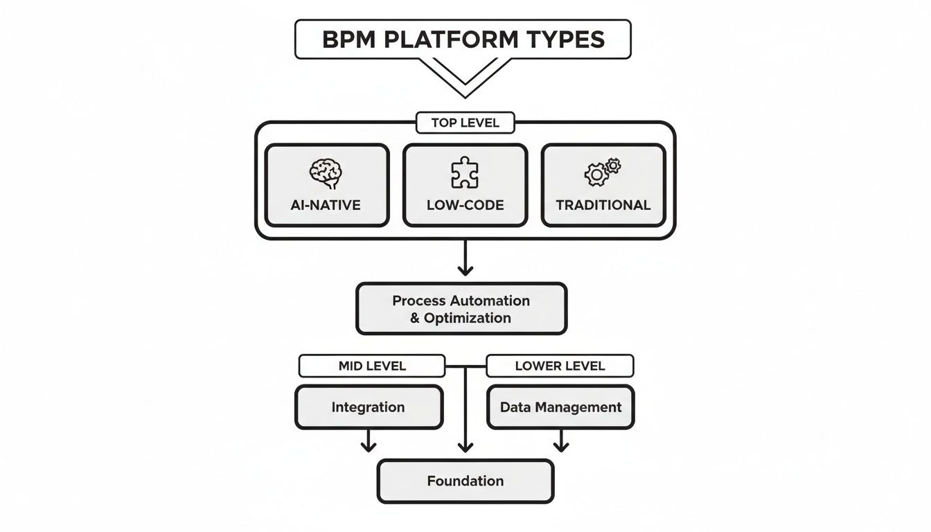 A diagram illustrating BPM platform types including AI-native, low-code, traditional, and underlying layers.