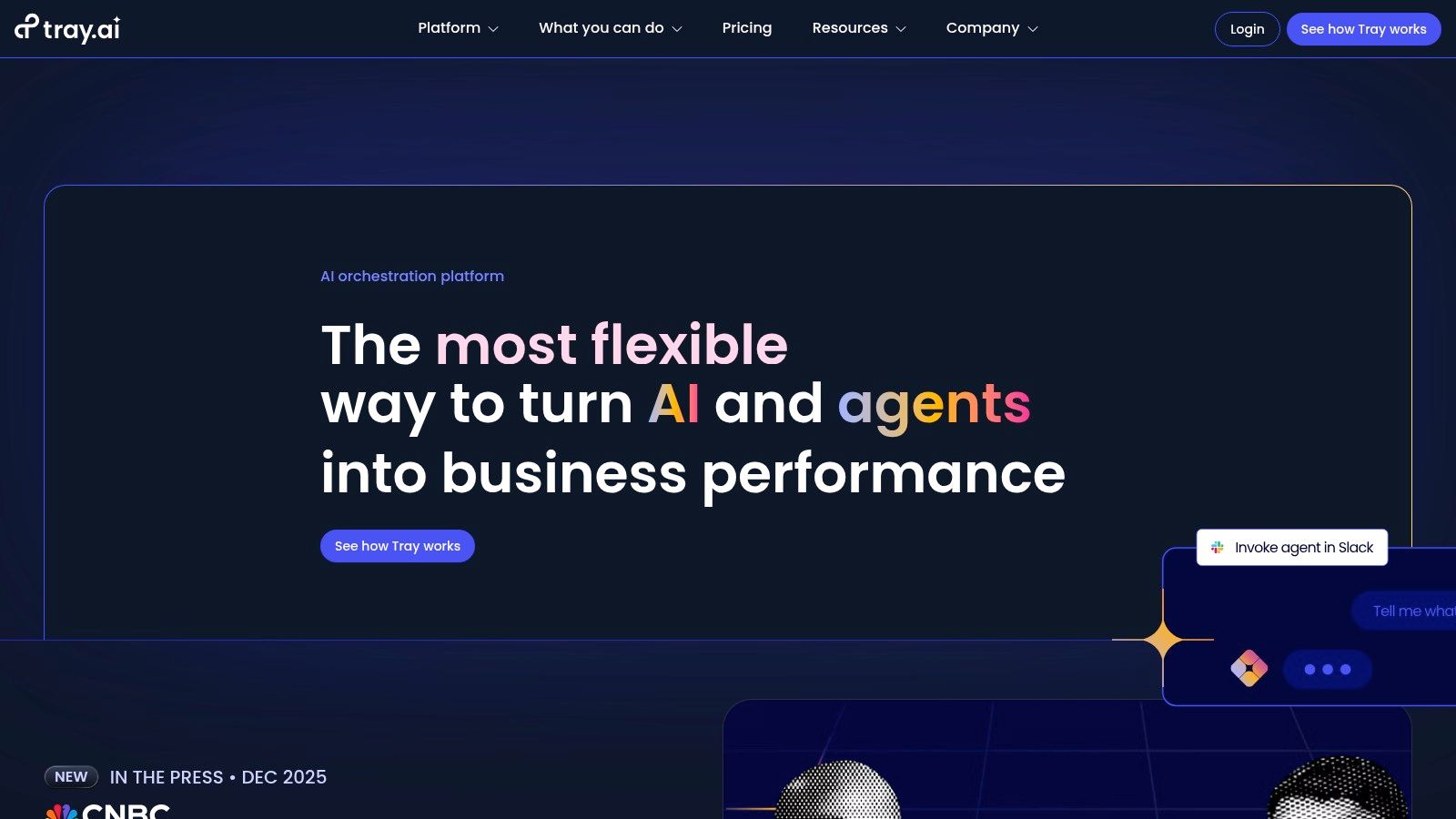 A screenshot of the Tray.io homepage, an enterprise-grade automation platform and a notable Make alternative.
