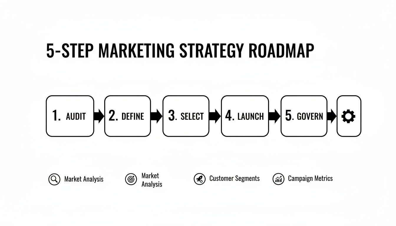 A 5-step marketing strategy roadmap illustrating audit, define, select, launch, and govern stages with metrics.