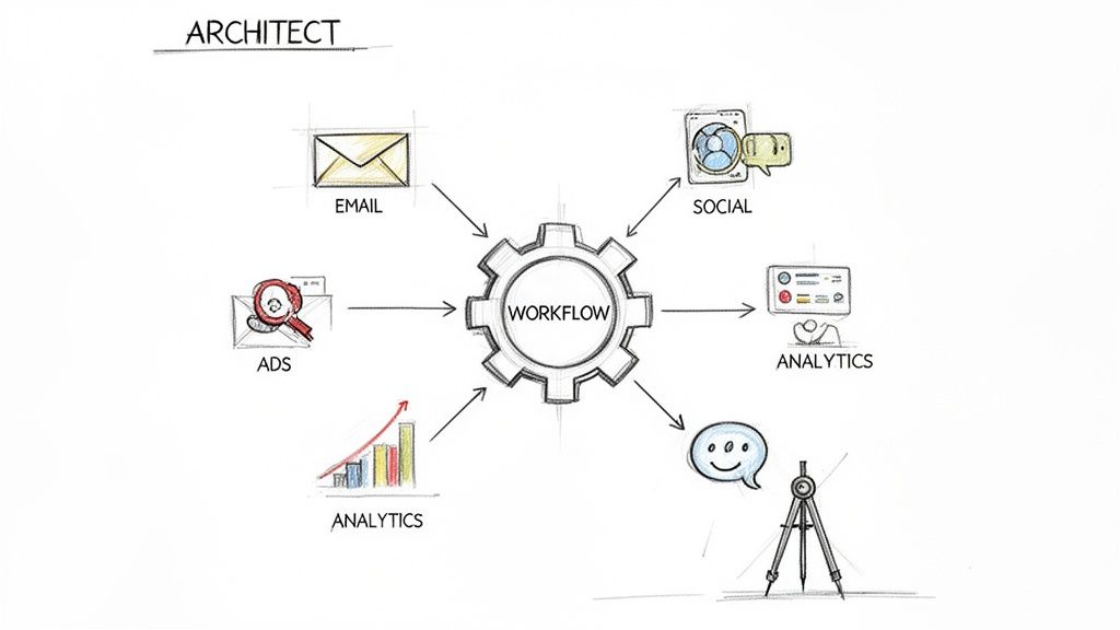 Diagram showing a central workflow processing inputs from email, social media, ads, and analytics.