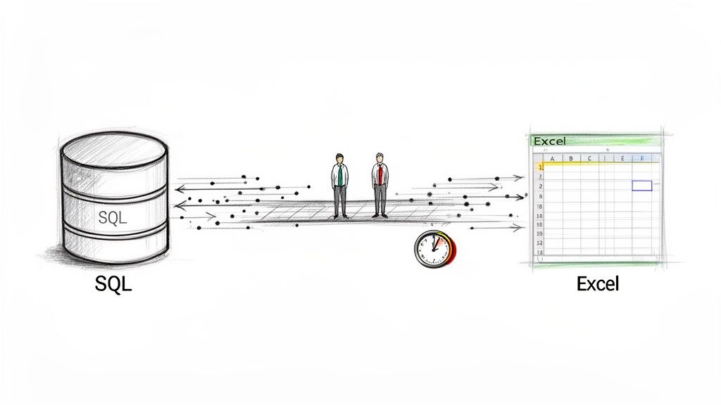 Illustration of data moving from SQL to Excel, with people facilitating the transfer over time.