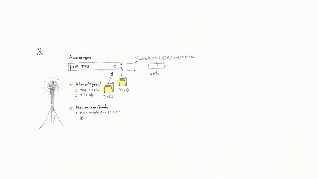 Hand-drawn flowchart illustrating allowed file types, folder operations, and associated text on a white background.