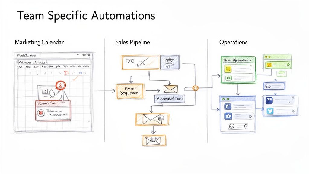 Diagram illustrating team-specific automations across marketing, sales, and operations workflows.