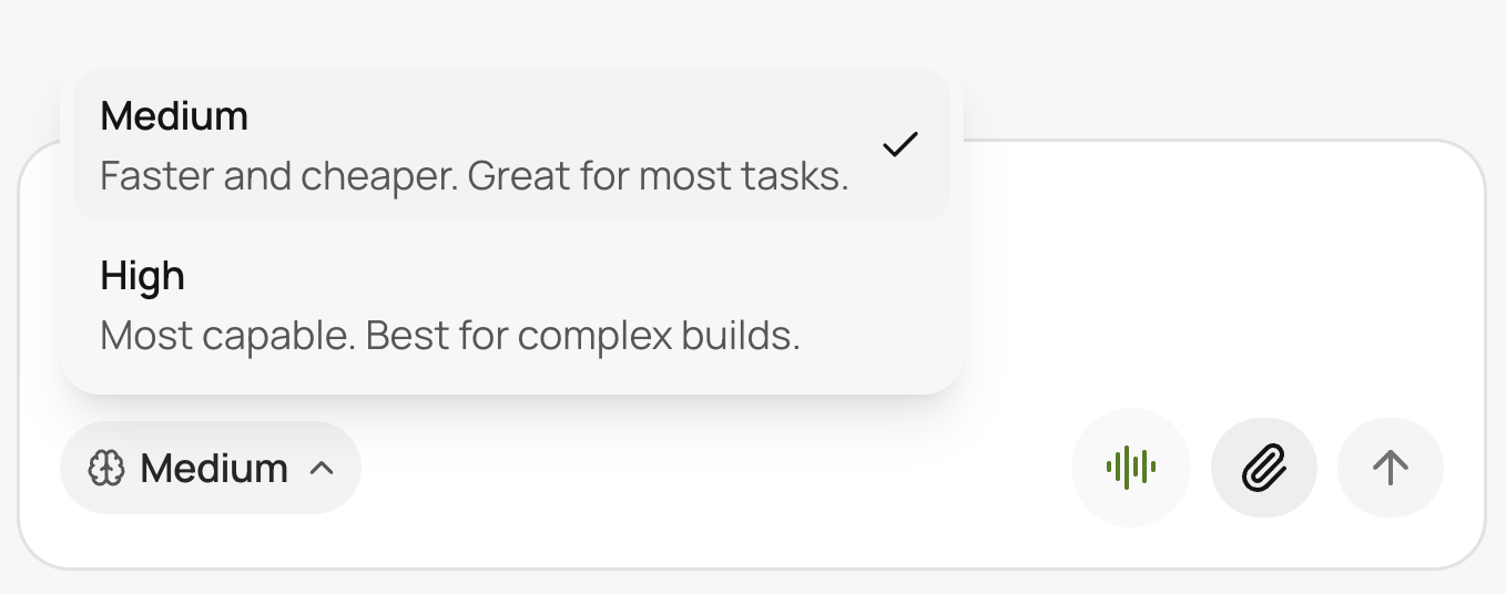 The chat input with the AI power selector open, showing Medium (faster and cheaper, great for most tasks) and High (most capable, best for complex builds)