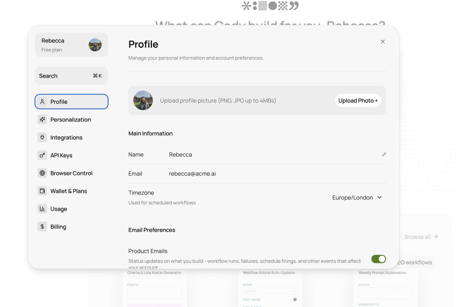 The new Settings hub showing the Profile page, with Personalization, Integrations, API Keys, Wallet & Plans, Usage, and Billing in the sidebar