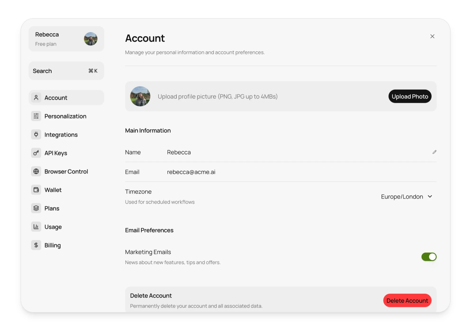 The Account settings page with Wallet and Plans now split into two separate items in the sidebar