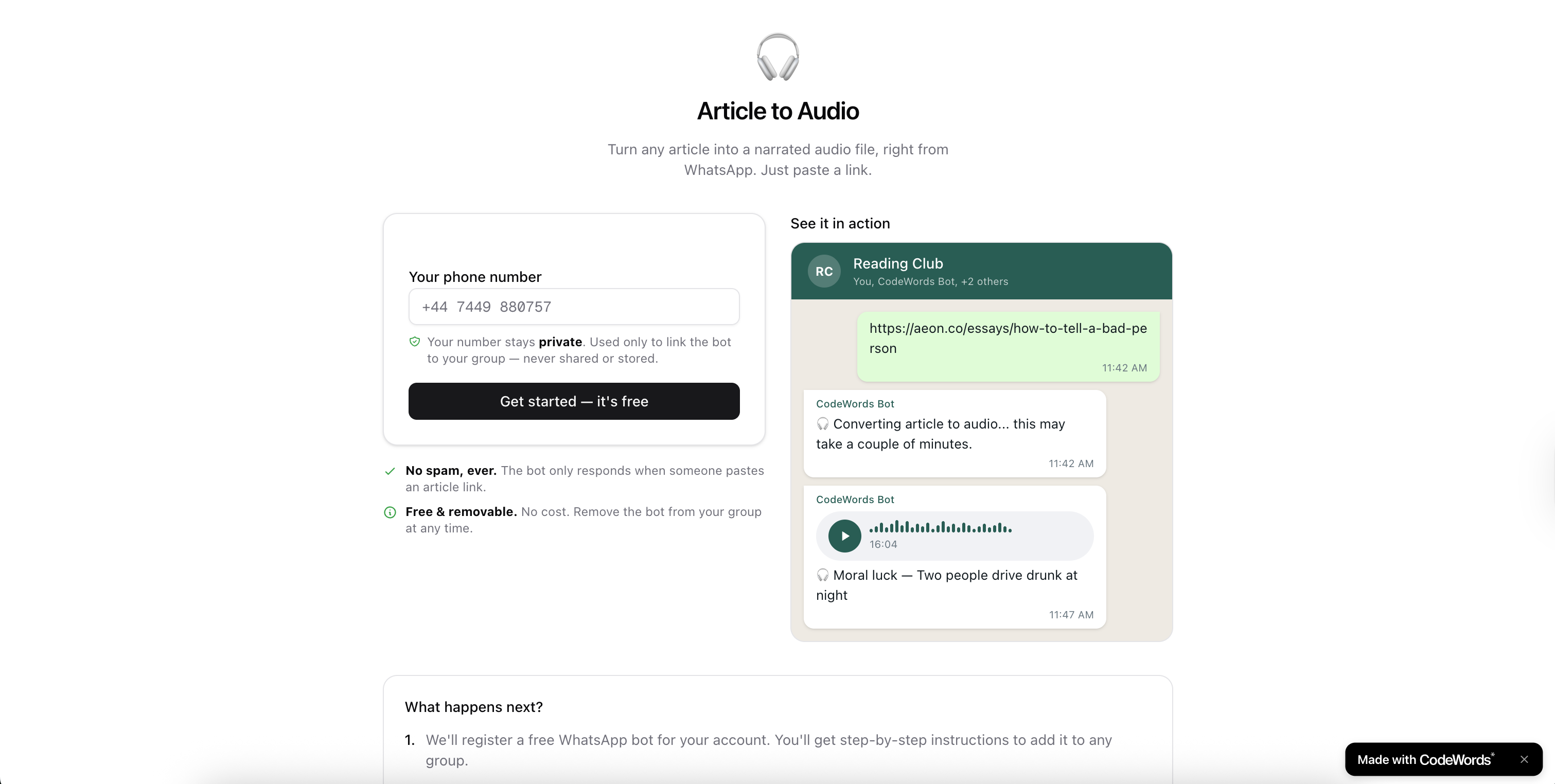 Article to Audio - Turn any article into narrated audio via WhatsApp