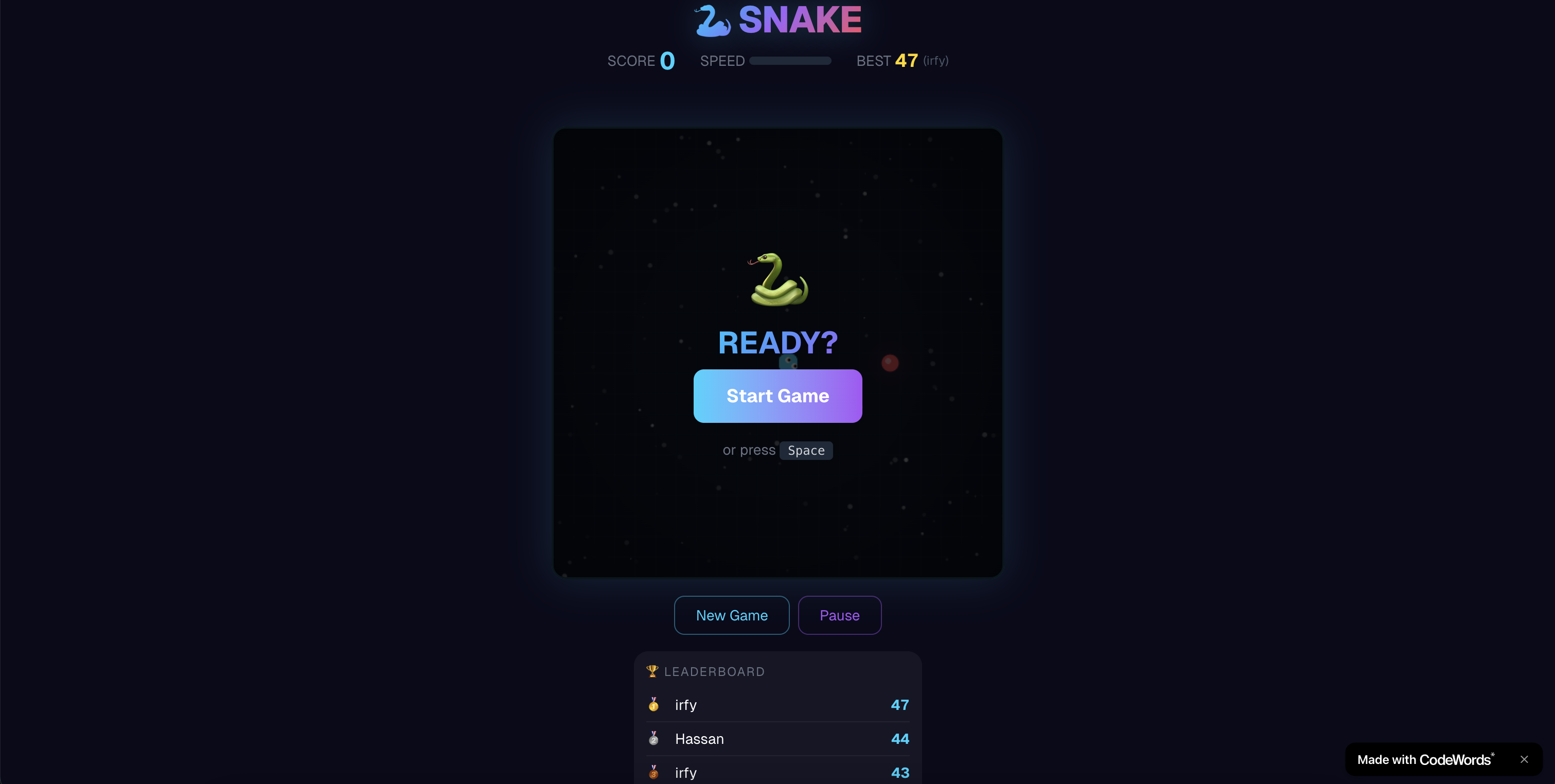 Snake Game - Classic Browser Game Built with CodeWords